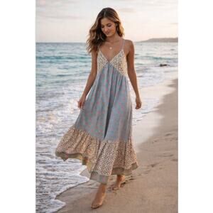 Just Bellina Color Block 100% Cotton Handcrafted Floral Ruffle Hem Maxi Dress M
